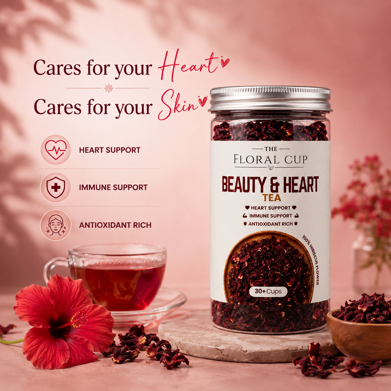 Beauty & Heart Herbal Tea | Hibiscus Flower Tea | 30+ Cups