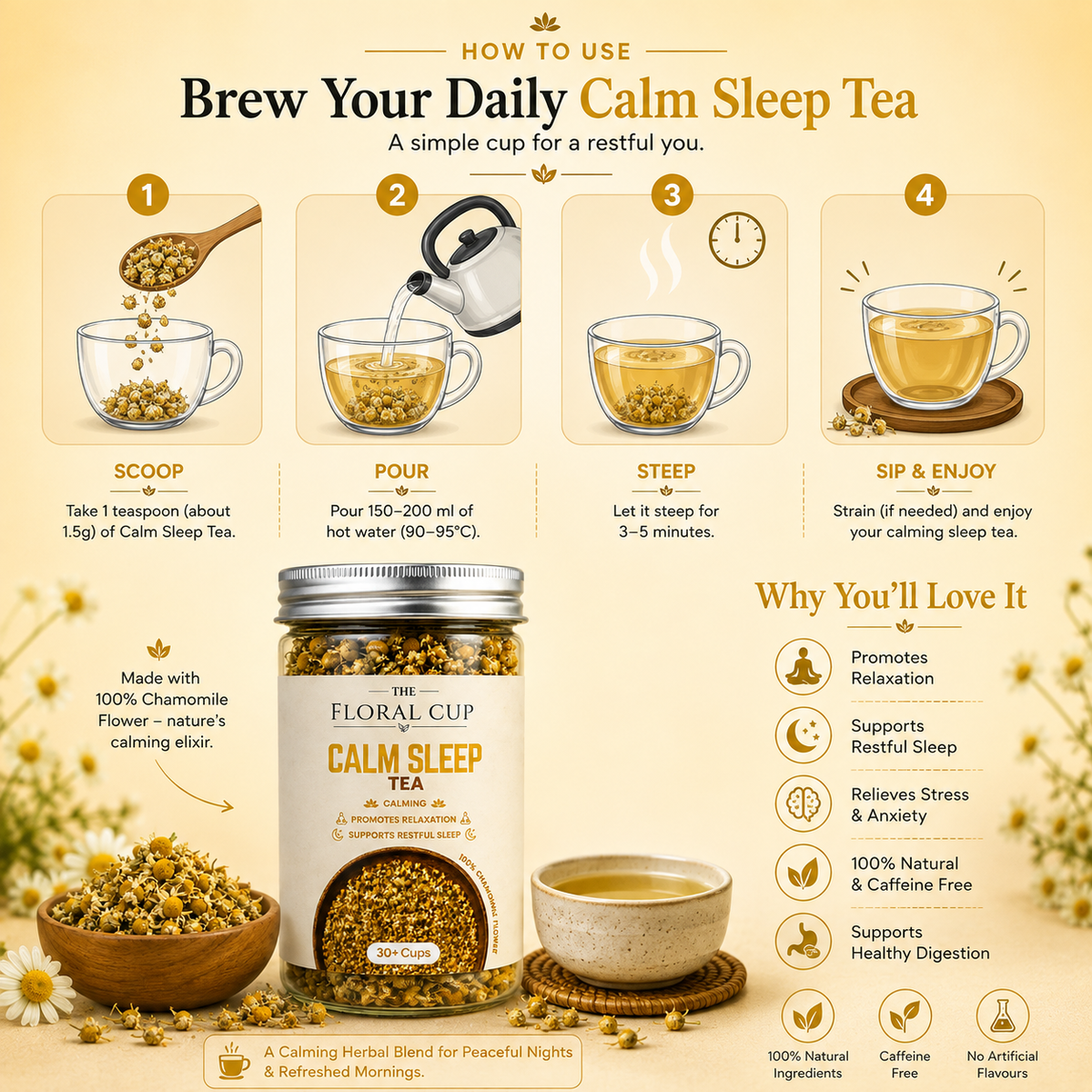 Calm Sleep Herbal Tea | Chamomile Flower Tea | 30+ Cups